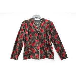 R & K Dark Floral Velour Jacket sz 12 Evening Formal Black Red Roses VTG